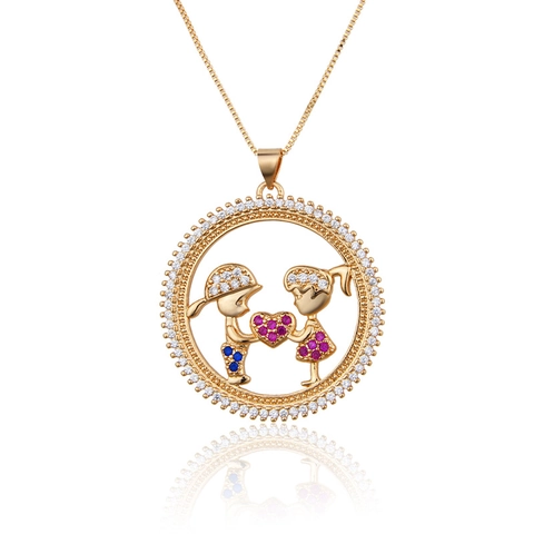 18K Gold Plated Copper Boy Girl Heart Pendant Necklace Zirconia Circle Family Jewelry For Women Gift Daily Accessory
