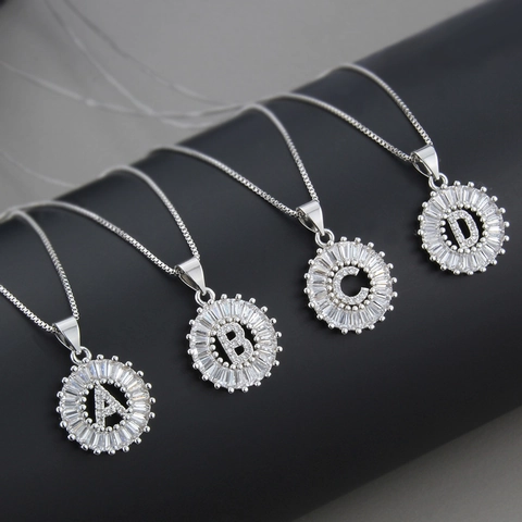 Initial Letter Pendant Necklace Silver Plated Copper With Zircons Round Shiny Fashion Jewelry For Women
