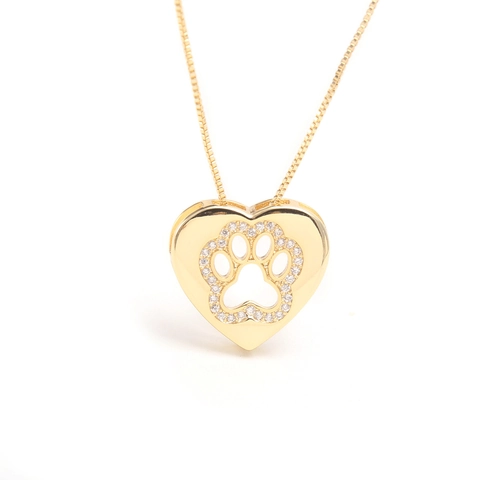 Copper 18K Gold Plated Zirconia Heart Pendant Necklace Hollow Out Paw Print Texture Box Chain Fashion Jewelry For Women