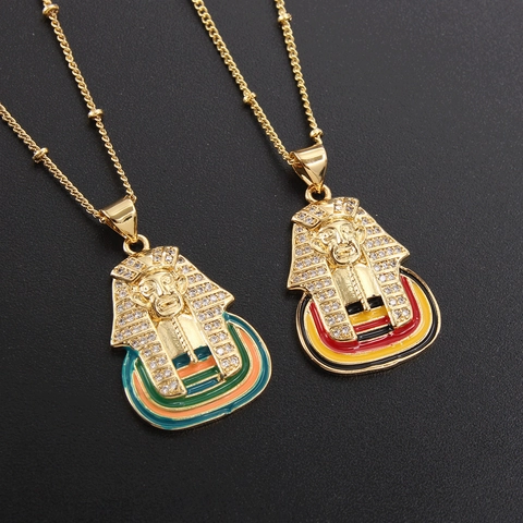 Collier Pendentif Pharaon Égyptien pour Hommes Femmes Cuivre Plaqué Or 18K Zirconia Émail Vintage Hip Hop Bijoux Cadeau