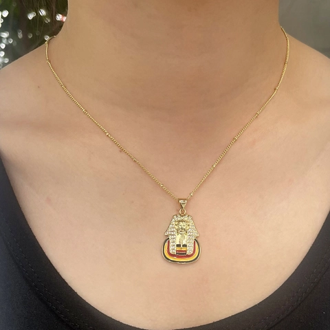 Collier Pendentif Pharaon Égyptien pour Hommes Femmes Cuivre Plaqué Or 18K Zirconia Émail Vintage Hip Hop Bijoux Cadeau