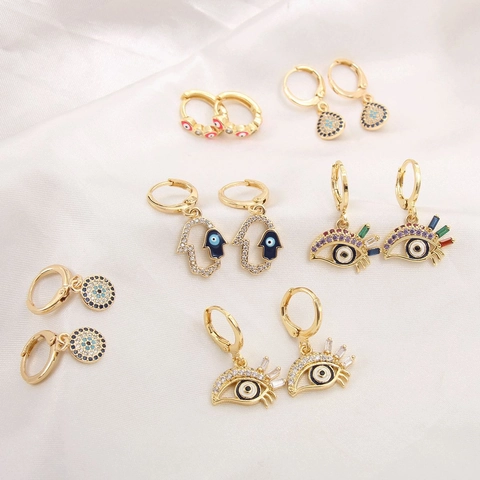18K Vergulde Turkse Boze Oog Wimpers Zirconia Oorbellen 925 Sterling Zilver Stift Hand van Fatima Lever-back Creolen