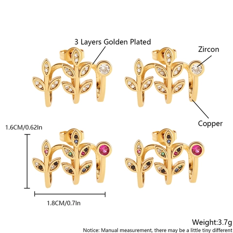 Exquisite 18K Gold Plated Leaf Stud Earrings For Women Copper Zirconia Inlaid Nature Inspired Leaf Jewelry Accessory Gift