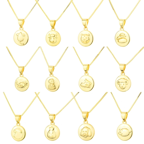 Chinese Zodiac Animal Round Pendant Necklace In Gold Or Silver Plated Copper For Unisex Fashion Jewelry Gift Birthday Theme