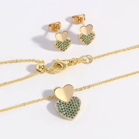 Sweet Heart Copper Jewelry Set Gold Plated Double Layer Love Heart Pendant Necklace Stud Earrings Rhinestone Jewelry For Women