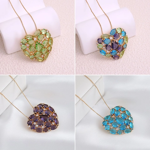 18K Gold Plated Copper Zirconia Heart Pendant Necklace Luxurious Multi Color Gemstone Cluster Choker Jewelry For Women Wedding Gift