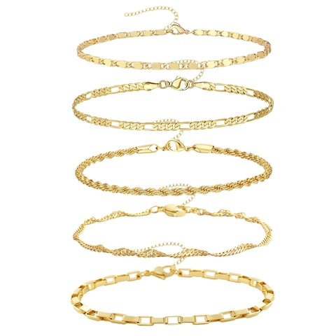 Minimalista Aleación Bañado en Oro 18K Cadena Pulsera para Mujeres Hombres Conjunto en Capas Figaro Box Rope Link Chain Joyería Accesorio