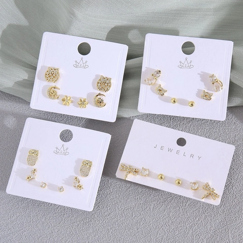 Gold Plated Copper Stud Earrings Set For Women Cute Animal Owl Cat Dragonfly Crab Rhinestone Inlaid Small Jewelry Earring Kit