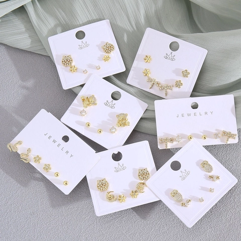 Gold Plated Copper Stud Earrings Set For Women Cute Animal Owl Cat Dragonfly Crab Rhinestone Inlaid Small Jewelry Earring Kit