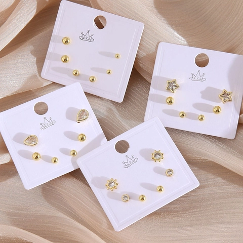 Elegant Copper Zirconia Heart Star Stud Earrings Set Gold Plated Geometric Ear Jewelry For Women Daily Fashion Accessories