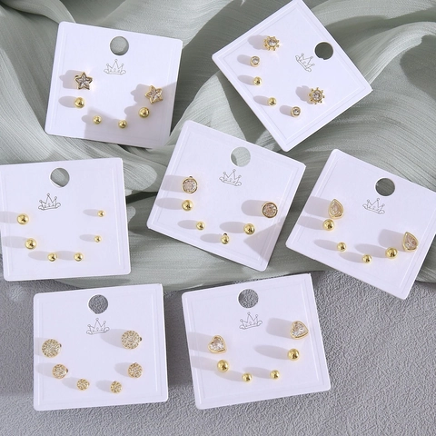 Elegant Copper Zirconia Heart Star Stud Earrings Set Gold Plated Geometric Ear Jewelry For Women Daily Fashion Accessories