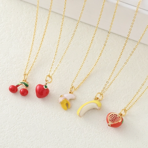 Süße Mini Frucht Anhänger Halskette Vergoldet Kupfer Emaille Erdbeere Kirsche Apfel Banane Durian Schmuck Für Damen