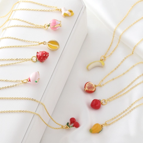 Süße Mini Frucht Anhänger Halskette Vergoldet Kupfer Emaille Erdbeere Kirsche Apfel Banane Durian Schmuck Für Damen