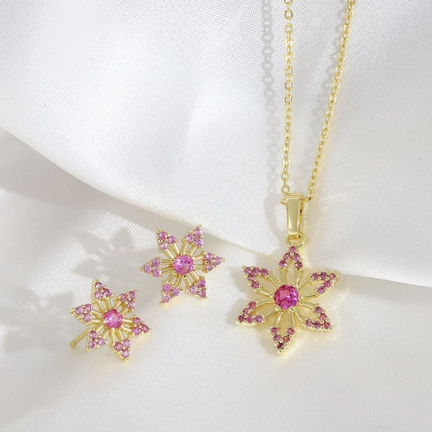18K Gold Plated Copper Zirconia Flower Snowflake Pendant Necklace And Stud Earrings Elegant Pink Jewelry For Women Girls