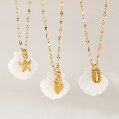 Goldbeschichtete Edelstahl Muschel Meereslebewesen Anhänger Halskette Für Damen Sommer Strand Seestern Conch Meeresschildkröte Schmuck