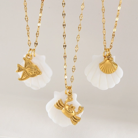 Goldbeschichtete Edelstahl Muschel Meereslebewesen Anhänger Halskette Für Damen Sommer Strand Seestern Conch Meeresschildkröte Schmuck