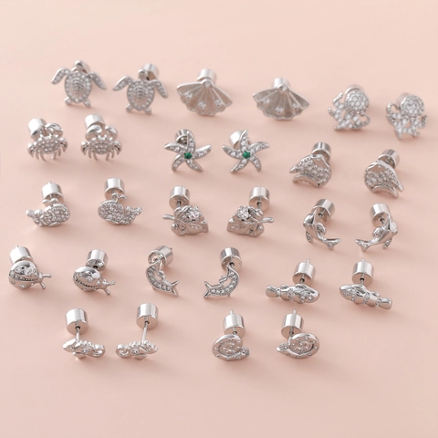 Marine Animal Zirconia Inlaid Copper Stud Earrings With 925 Sterling Silver Earring Post Turtle Dolphin Starfish For Women