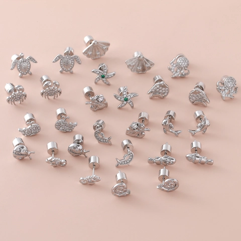Marine Animal Zirconia Inlaid Copper Stud Earrings With 925 Sterling Silver Earring Post Turtle Dolphin Starfish For Women