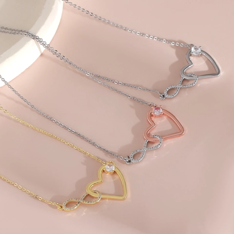 18K Gold Plated Copper Heart Infinity Necklace For Women Interlocking Zirconia Pendant Adjustable Daily Jewelry Neckpiece