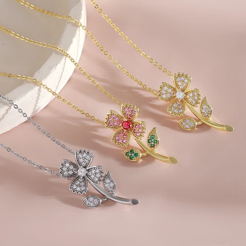 Dainty Copper Flower Necklace For Women With Colorful Zirconia Inlaid Sweet Floral Pendant Adjustable Clavicle Chain Jewelry