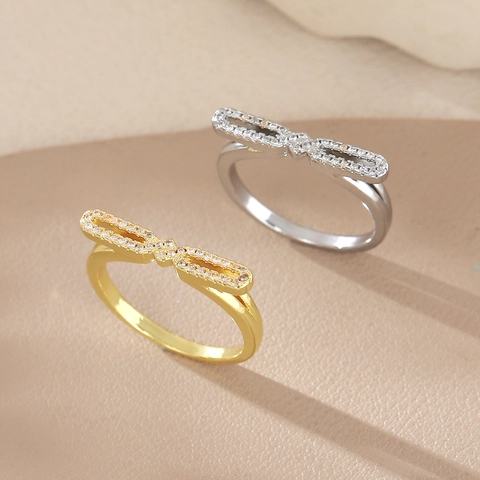 Luxus Kupfer Zirkonia Schleife Offener Ring Für Damen 18K Gold Silber Plattiert Eleganter Schmetterlingsknoten Fingerring Mode Schmuck