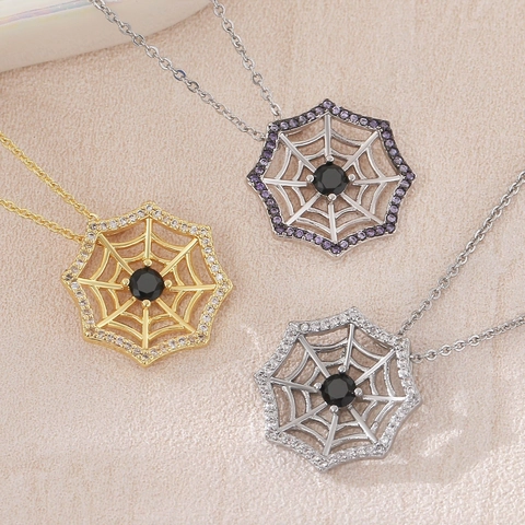 Gothic Kupfer Zirkonia Spinnennetz Anhänger Halskette Hohl Bienenwabe Verschluss Kette Galvanisiert Dunkler Stil Schmuck Für Halloween Party Damen