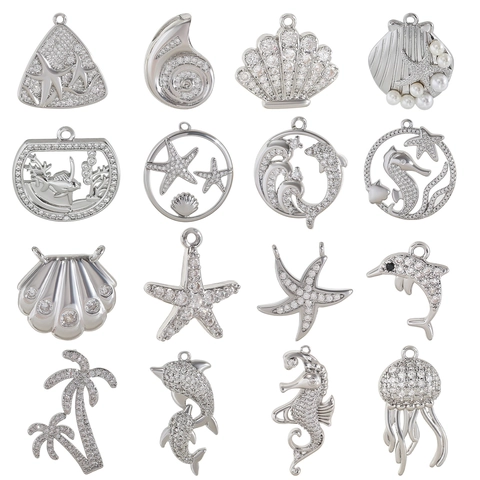 Marine Animal Copper Pendant With Rhinestone Ocean Theme Starfish Dolphin Conch DIY Jewelry Making Accessory For Women
