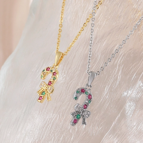 Luxus Kupfer Zirkonia Weihnachts Zuckerstange Anhänger Halskette Für Damen Festlicher Schleife Schmuck Gold Silber Plattierte Ketten