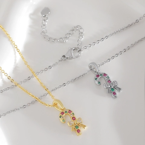 Luxus Kupfer Zirkonia Weihnachts Zuckerstange Anhänger Halskette Für Damen Festlicher Schleife Schmuck Gold Silber Plattierte Ketten