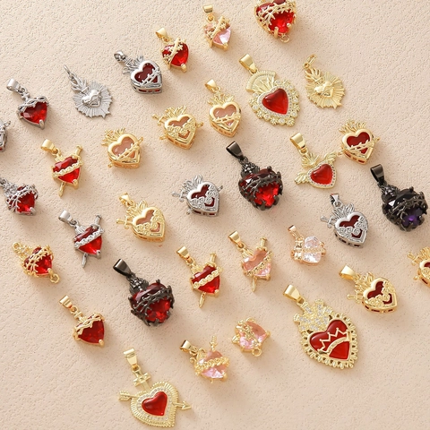 Gothic Sacred Heart Copper Zircon Pendant Religious Heart Cross Sword Charm For Jewelry Making DIY Accessories Women Gift