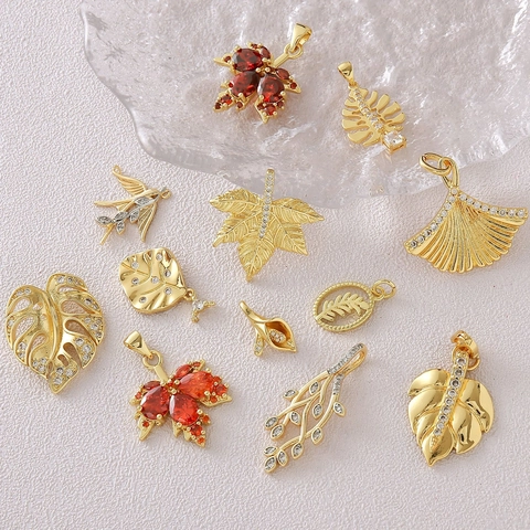 18K Gold Plated Copper Botanical Pendant Only (Without Chain) Maple Monstera Leaf Branch DIY Necklace Jewelry Accessories