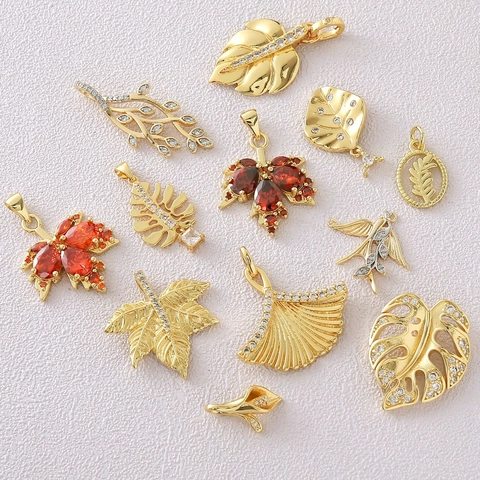 18K Gold Plated Copper Botanical Pendant Only (Without Chain) Maple Monstera Leaf Branch DIY Necklace Jewelry Accessories