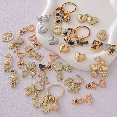 18K Gold Plated Copper Rhinestone Heart Boy Girl Pendant Only For Necklace Jewelry Making DIY Craft Pendant Charms Silhouette Family Figures