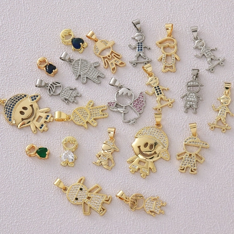 Copper Zirconia Cute Boy Pendant Charms For DIY Necklace Bracelet Making Minimalist Cartoon Skateboard Figure Jewelry Accessories