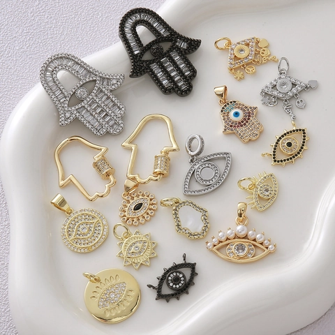 Copper Micro Pave Rhinestone Evil Eye Hamsa Hand Pendant Charms For DIY Necklace Bracelet Jewelry Making Accessories