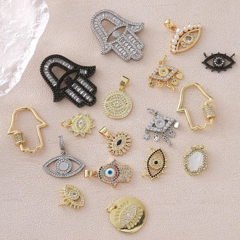 Copper Micro Pave Rhinestone Evil Eye Hamsa Hand Pendant Charms For DIY Necklace Bracelet Jewelry Making Accessories