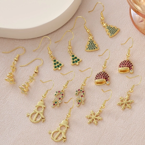 Christmas Series Copper Zirconia Earrings Electroplated Gold Silver Snowman Candy Cane Snowflake Hat Drop Earrings Jewelry For Women