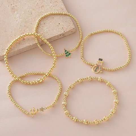 Gold Plated Copper Beaded Bracelet Christmas Snowman Tree Zirconia Charms Elastic Festive Fashion Jewelry For Women Gift