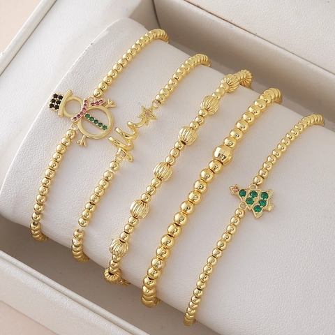 Gold Plated Copper Beaded Bracelet Christmas Snowman Tree Zirconia Charms Elastic Festive Fashion Jewelry For Women Gift
