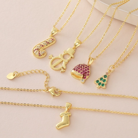 Christmas Tree Snowman Santa Hat Candy Cane Pendant Necklace 18K Gold Plated Copper Zircon Festive Jewelry For Women