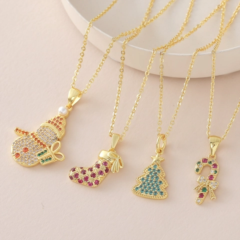 Christmas Pendant Necklace Copper Gold Plated Multicolor Rhinestone Snowman Christmas Tree Stocking Candy Cane Jewelry For Women