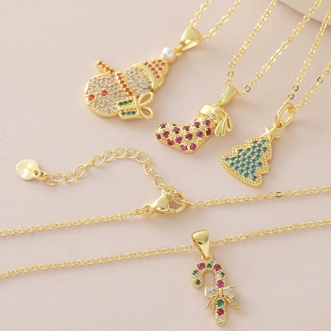 Christmas Pendant Necklace Copper Gold Plated Multicolor Rhinestone Snowman Christmas Tree Stocking Candy Cane Jewelry For Women