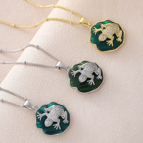 Enamel Lily Pad Frog Pendant Necklace Copper Gold Silver Plated Micro Set Zirconia Animal Jewelry For Women Fashion Accessory