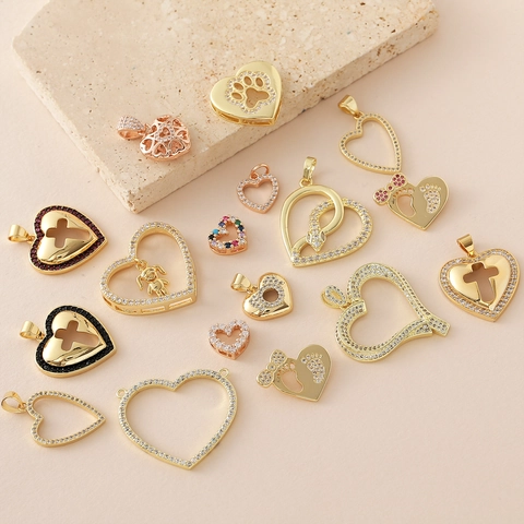 Gold Plated Copper Heart Pendant Only Without Chain Zircon Inlaid DIY Jewelry Making Charms For Necklace Bracelet Women