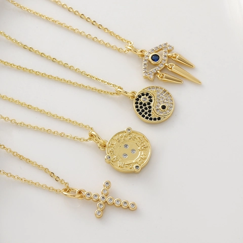 Collier Pendentif Croix Yin Yang Zodiaque Mauvais Œil en Cuivre Plaqué Or Avec Zircone Bijoux Religieux Célestes pour Femmes Hommes
