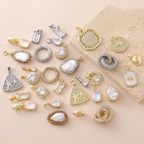 Copper 18K Gold Plated Geometric Pendants For DIY Necklace Bracelet Making With Rhinestone Artificial Pearl Star Compass Charms Jewelry Accessory