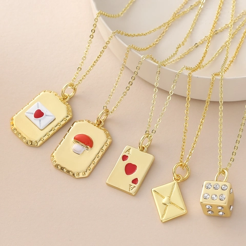Gold Plated Copper Zirconia Pendant Necklace Trendy Mushroom Poker Ace Heart Envelope Dice Charm Clavicle Chain Jewelry