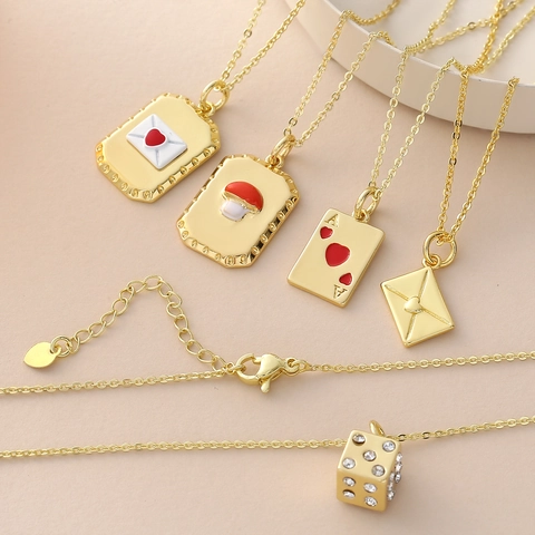 Gold Plated Copper Zirconia Pendant Necklace Trendy Mushroom Poker Ace Heart Envelope Dice Charm Clavicle Chain Jewelry