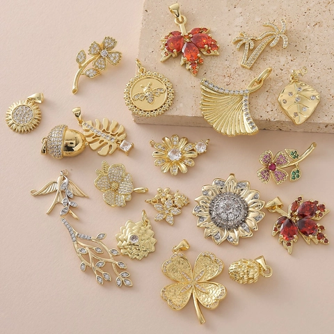 Copper Gold Plated Zirconia Maple Leaf Flower Bird Bee Pendant Only (Without Chain) For Women DIY Jewelry Accessories