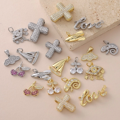 Rhinestone Inlaid Copper Pendant Only (Without Chain) For DIY Jewelry Making Cross Sailboat Cloud Cherry Shape Accessories